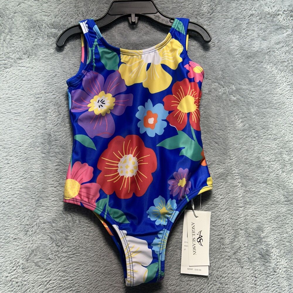 ANGEL SEASON One Piece Swimsuit Girls Toddler 2T Navy Blue Floral Lined